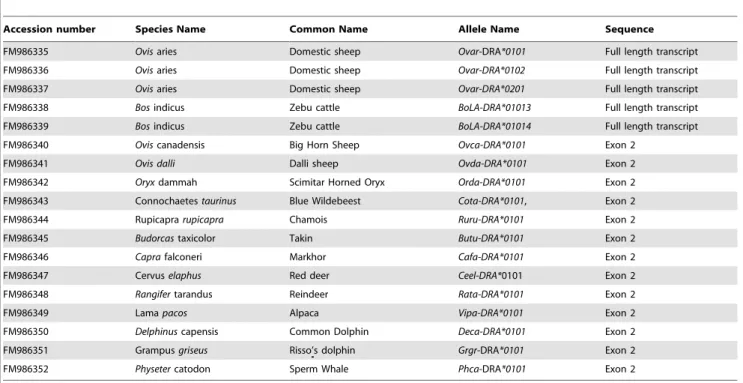 Table 6. Origin of DRA full length and exon 2 sequences.