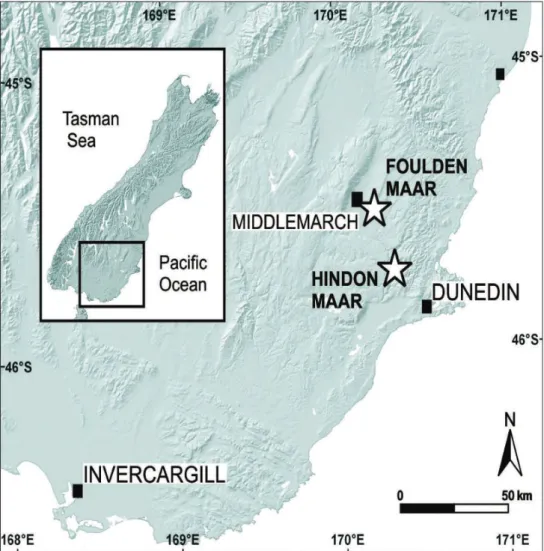 Figure 1. Map showing the position of the new fossil locality at Hindon Maar on the South Island of  New Zealand (see text for explanation).