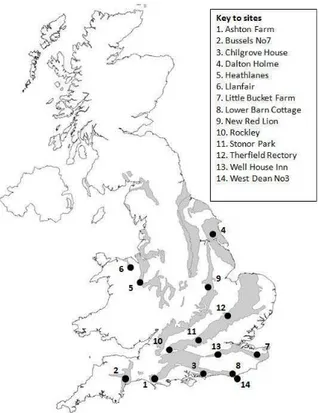 Fig. 1. Location of the observation boreholes in relation to the major aquifers in the UK.