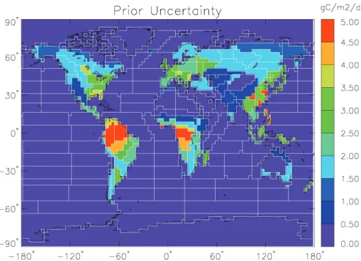 Fig. 1. Prior uncertainty of weekly fluxes in g C m −2 d −1 . The white lines show the borders of the 200 regions for which the surface fluxes are retrieved.
