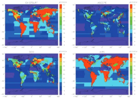 Fig. 6. Annual posterior uncertainty in g C m −2 yr −1 for the (a) existing surface network (EXIST- (EXIST-SURF) (b) A-SCOPE-2.0 (c) OCO and (d) AIRS.