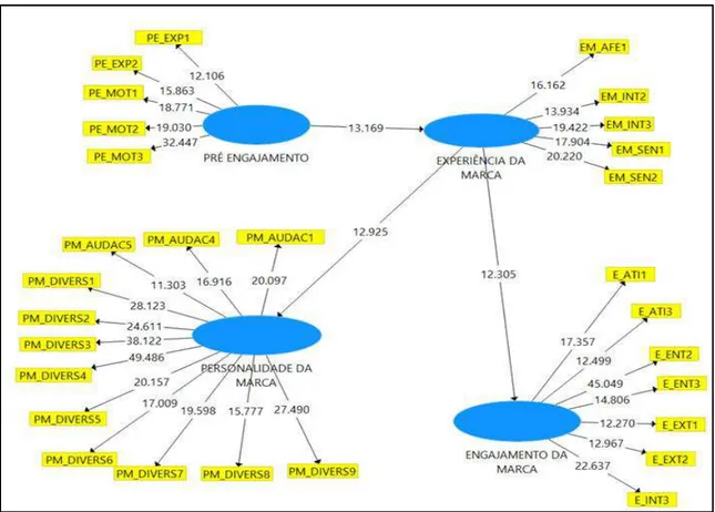 FIGURA 5 - Diagrama dos caminhos com os resultados do Teste T do modelo com variáveis com cargas  fatoriais maiores que 0,7 