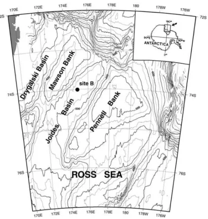 Fig. 1. Map showing the location of station B and the bathymetry of the Ross Sea (depths are in m).