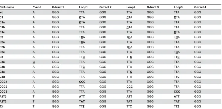 Table 1. Mutant telomeric oligonucleotides used in this study.