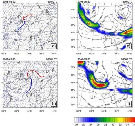 Fig. 2. Domain 2 of the WRF-Chem simulation. (a–d) Sea level pressure (hPa, blue contours) and 10 m winds (m s −1 ) during the life cycle of the middle latitude cyclone
