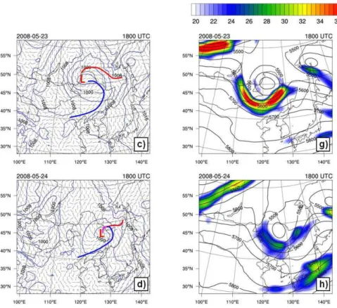 Fig. 2. Domain 2 of the WRF-Chem simulation. (a–d) Sea level pressure (hPa, blue contours) and 10 m winds (m s −1 ) during the life cycle of the middle latitude cyclone