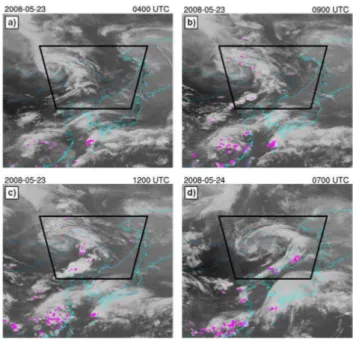 Fig. 3. Infrared imagery from MTSAT-1R and lightning data from WWLLN (pink) at four times of deep convection during the WRF-Chem simulation