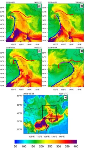 Fig. 5. Surface CO concentrations (ppbv) in D3 (a–d) and D1 (e) of our WRF-Chem simulation.