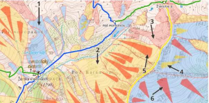 Figure 3: Slovakian avalanche map, example from the  Žiarska  valley. Blue colour = slopes with an infrequent occurrence of 