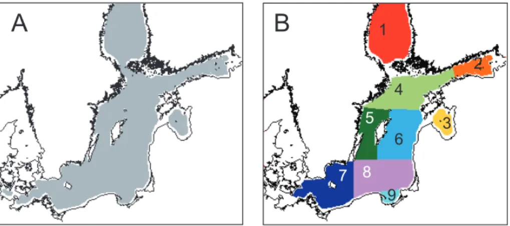 Fig. 2. Study areas in the Baltic Sea. (A) The area considered (grey) in mapping cyanobacteria blooms excludes near-shore areas with potentially high turbidity (white, 19.5 % of the total sea area)