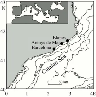Fig 1. Map of the localization of the sampling sites at the Catalan coast. The inlet map shows the position of the Catalan Sea in the Mediterranean Sea.