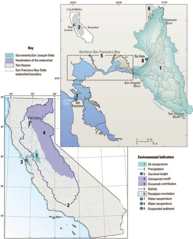Figure 1. Spatial domains of environmental indicators. Shaded or hatched areas represent spatial domains of indicators representing areal averages or pertaining to a broad area, and blue dots represent locations of indicators corresponding to specific site