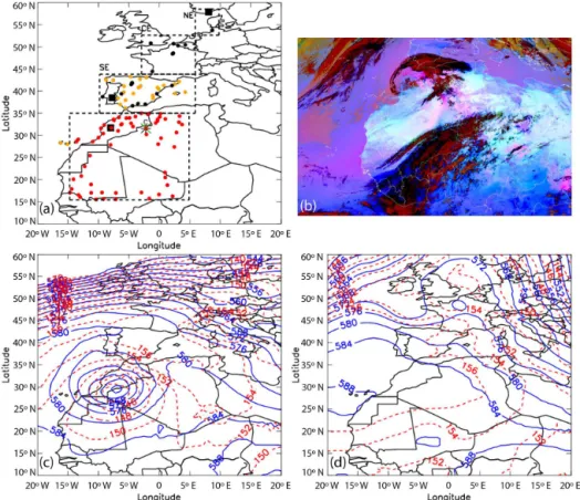 Figure 1. Panel (a): AERONET (orange), surface concentration (black), surface wind (green) and radio sounding (brown) stations used in this study are presented