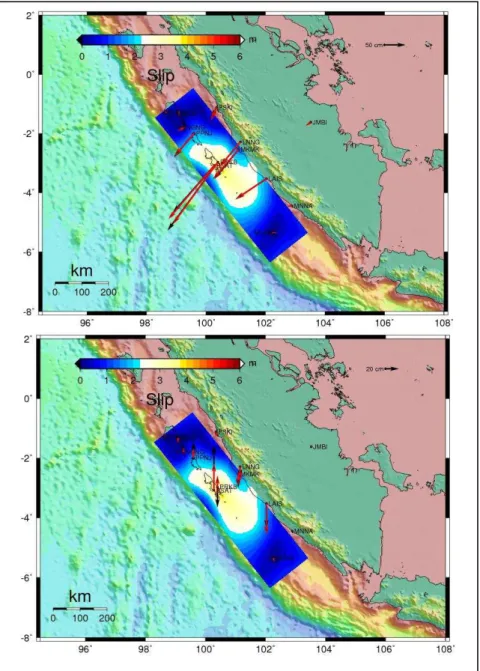 Figure 4   The contour of the slip distribution resulting from the inversion using  SuGAr data  of discrete  30 x  10  with  weight  combination  1 (the upper image  is  the  horizontal component,  the lower  image is  the vertical component,  the black  v