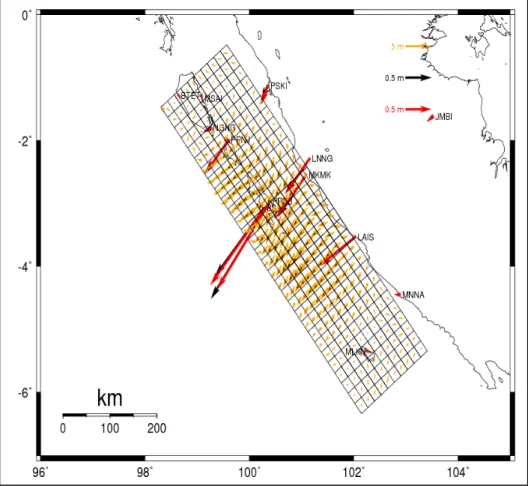 Figure 5  Slip  distribution  as  the  results  of  the  inversion  with  the  discrete  SuGAr  data  of  30  x  10  with  weight  combination  2  (black  vectors  depict  the  vectors of the point displacement using SuGAr data, red vectors are the vectors