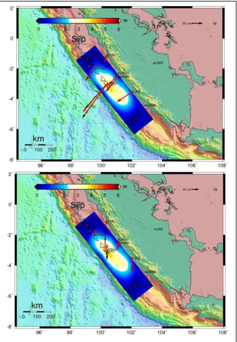 Figure 6   The contour of the slip distribution resulting from the inversion using  SuGAr data of discrete 30 x  10  with  weight combination  2 (the upper image is  the  horizontal component, the lower image is the vertical component, the black  vectors  