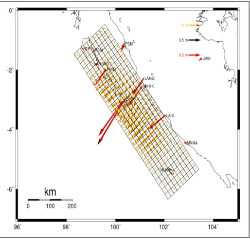 Figure 7   Slip  distribution  as  the  results  of  the  inversion  with  the  discrete  SuGAr data of 30 x 10 with weight combination 3 (black, red and orange vectors  are the vectors of the point displacement using the SuGAr data, the vectors of the  mo