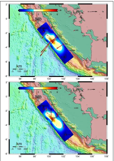 Figure 8   The contour of the slip distribution resulting from the inversion using  the SuGAr data of discrete 30 x 10 with weight combination 3 (the upper image  is the horizontal component, the lower image is the vertical component, the black  and  red  