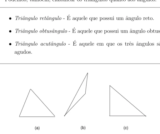 Fig. 35: Triˆ angulos segundo seus ˆ angulos. a) acutˆ angulo. b) obtusˆ angulo. c) retˆ angulo.