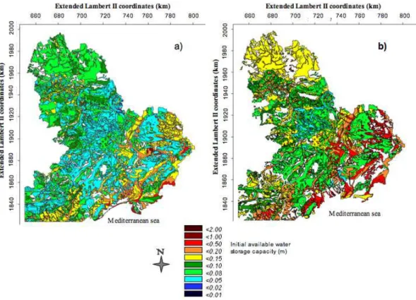 Fig. 6. Available initial water storage (θ s − θ i )×depth in mm) based on (a) Cosby et al