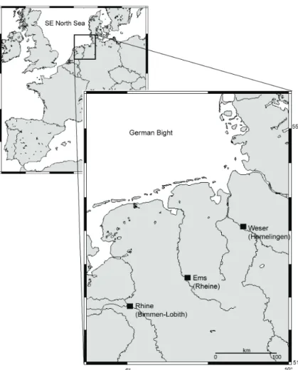 Fig. 1. Sampling locations at the river Rhine, Weser and Ems.