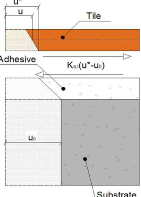 Figure 3: Longitudinal interaction forces at tile-adhesive interface due to substrate shrinkage.