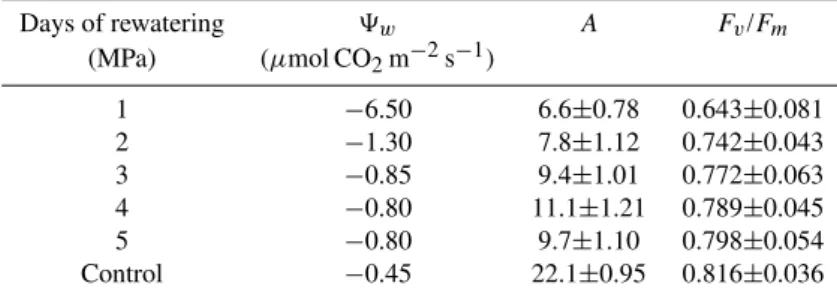 Table 1. Trends of pre-dawn leaf water potential (9 w ), net photosynthetic rate (A) and maximum efficiency of photosystem II (F v /F m ) during the rewatering of severely stressed plants