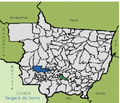 Figura 02- Localização de Tangará da Serra em Mato Grosso e suas divisas com Estados e País