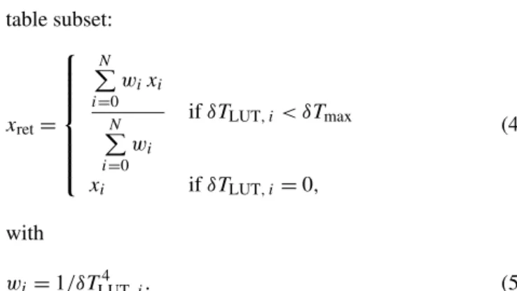 table subset: x ret =        N P i=0 w i x iNPi=0wi if δT LUT, i &lt; δT max x i if δT LUT, i = 0, (4) with w i = 1/δT LUT, i4 