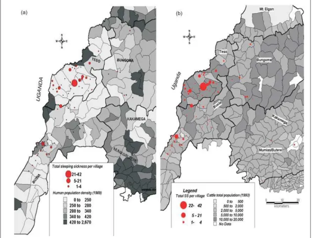 Fig. 5:  Correlation of sleeping sickness (SS) incidence (1977–2007) with (a) human population density (1989), and (b) cattle population (1993) distribution