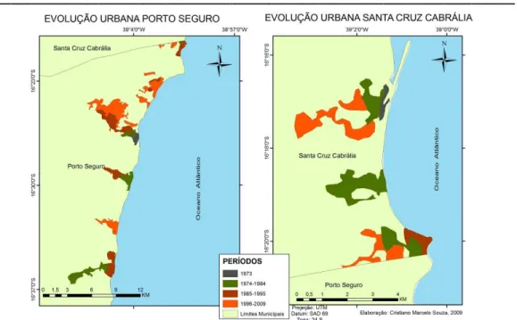Figura 3. Mapas de evolução Urbana de Porto Seguro e Santa Cruz Cabrália  Fonte: Imagens de satélite e fotografias aéreas 