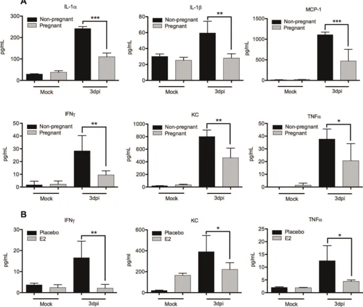 Figure 4. Altered cytokine signaling in pregnant and estrogen-treated mice. (A) Lung homogenates of X-31 infected pregnant and non- non-pregnant mice or (B) placebo and estrogen-treated mice were analyzed for cytokine production by multiplex ELISA