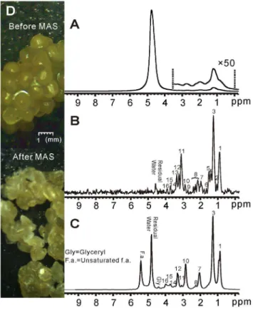 Figure 4. 1 H NMR spectra of shishamo smelt eggs. (A) Conventional 1D spectrum. (B) 1D iMQC spectrum