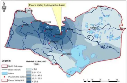Fig. 3. Spatial distribution of rainfall on the 12 th  of September 2013 in Northern  Dobrogea 