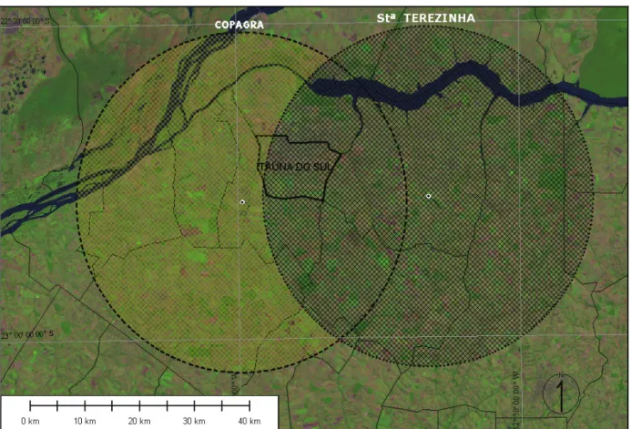 Figura 5  - Circunferência indicando área de abrangência (30 km) das Usinas de Santa  Terezinha (Terra Rica – PR) e da COPAGRA (Nova Londrina-PR)