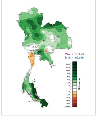 Figure 14.  Annual  rainfall anomalies  in Thailand for 2011,  expressed as millimetres  above or below the  long-term average   (Source: Thai  Meteorological  Department) Max