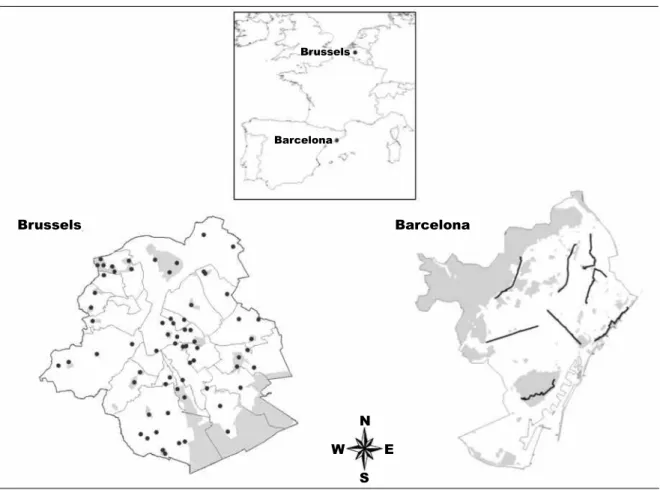 Fig.  1.  Location  of  the  sampling  plots:  point-counts  in  Brussels,  and  line-transects  in  Barcelona