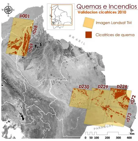 Figura  7 Escenas Landsat utilizadas para la validación del nivel de detección de quemas e incendios forestales para Bolivia.