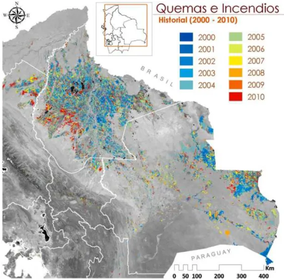 Figura  1 Histórico de quemas e incendios en Bolivia desde 2000 a 2010.