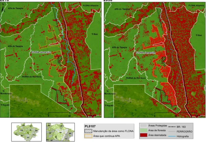 Figura 1. Desmatamento na Flona do Jamanxim, atual e projetado para o ano de  2030. O desmatamento em vermelho claro refere-se à aplicação do cenário de  desmatamento na ausência de proteção da área (IPAM 2017) 