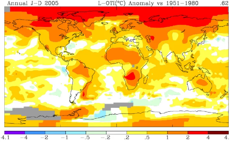 Figura  1.  Gráfico  sobre  a  temperatura  média  da  superfície  terrestre  do  ano  de  2005,  considerado,  até  o  momento, o ano mais quente em 131 anos de registros sobre o clima