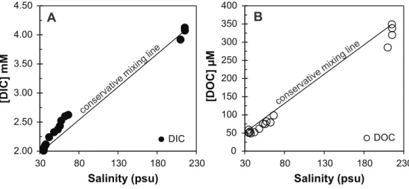 Fig. 2. Mixing diagrams for (A) DIC and (B) DOC concentrations across the seawater-brine interface plotted along with solid lines which represent expected concentrations from  conser-vative mixing of brine and seawater end-members.