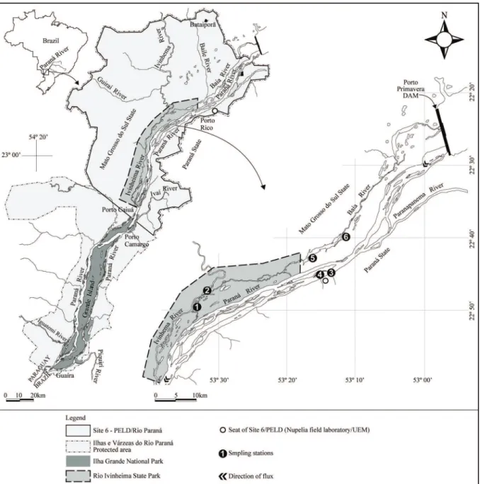 Figure 1. Sampling stations: 1) Ivinheima river; 2) Finado Raimundo lagoon; 3) Paraná river; 4) Pau Véio Glade lagoon; 5) Baía river;  6)  Baía channel