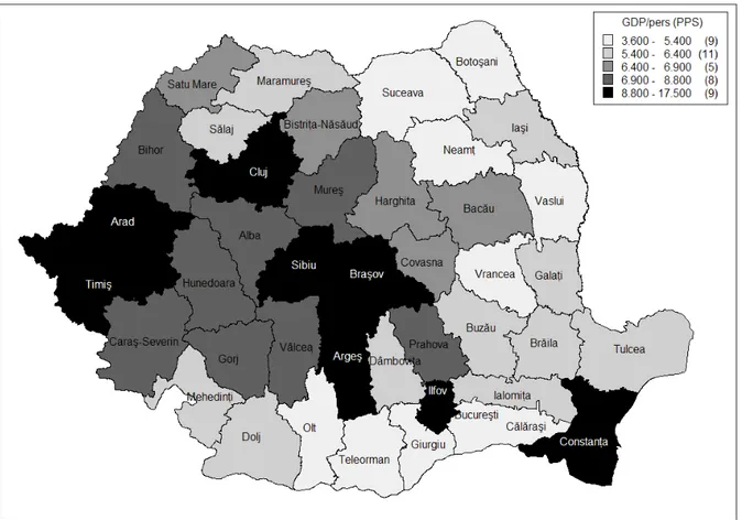 Figure 4. The distribution of counties based on GDP per capita in 2005  (Source: the author, based on data from Eurostat) 