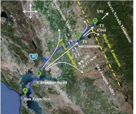 Fig. 1. Locations of the ground sites, T0 and T1, along with the dominant summer daytime wind patterns (Image courtesy of Google maps).