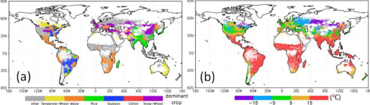 Figure 2. Global distribution of (a) dominant crops in SACRA, and (b) minimum monthly averaged temperature ( ◦ C) during the cultivation period of the dominant crops
