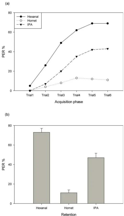 Fig 2. Learning and retention of hexanal, hornet odor and IPA in eastern honey bees. (a) Acquisition function of the three test groups