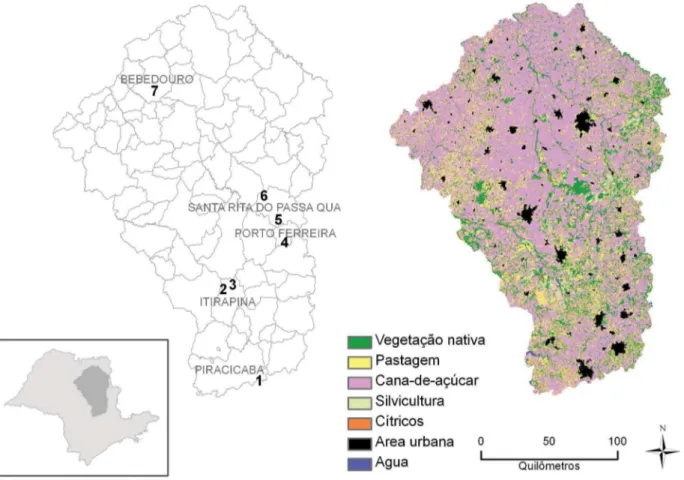 Figura 1. Classes de uso e cobertura do solo, municípios e unidades de conservação visitadas na região nordeste do  estado de São Paulo