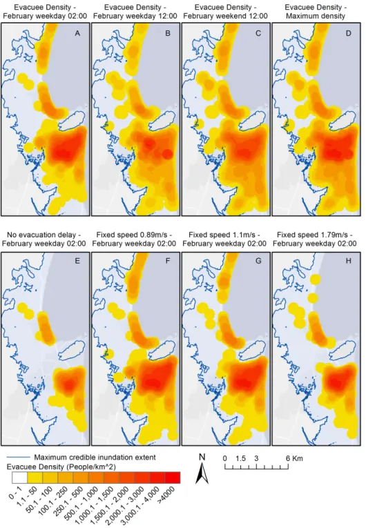 Figure 7. Point density maps showing the density of population with an evacuation time greater than wave arrival time P VE 