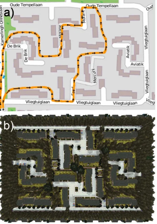 Figure 1. Map of the modeled area of the town of Soesterberg (www.openstreetmap.org). (a) Walking route (orange line) and walking direction (small black arrows)